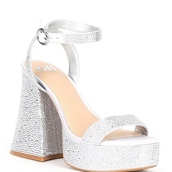 Silver Rhinestone Embellishements Buckle Closure Platform Dress Sandals - Picture 1 of 6